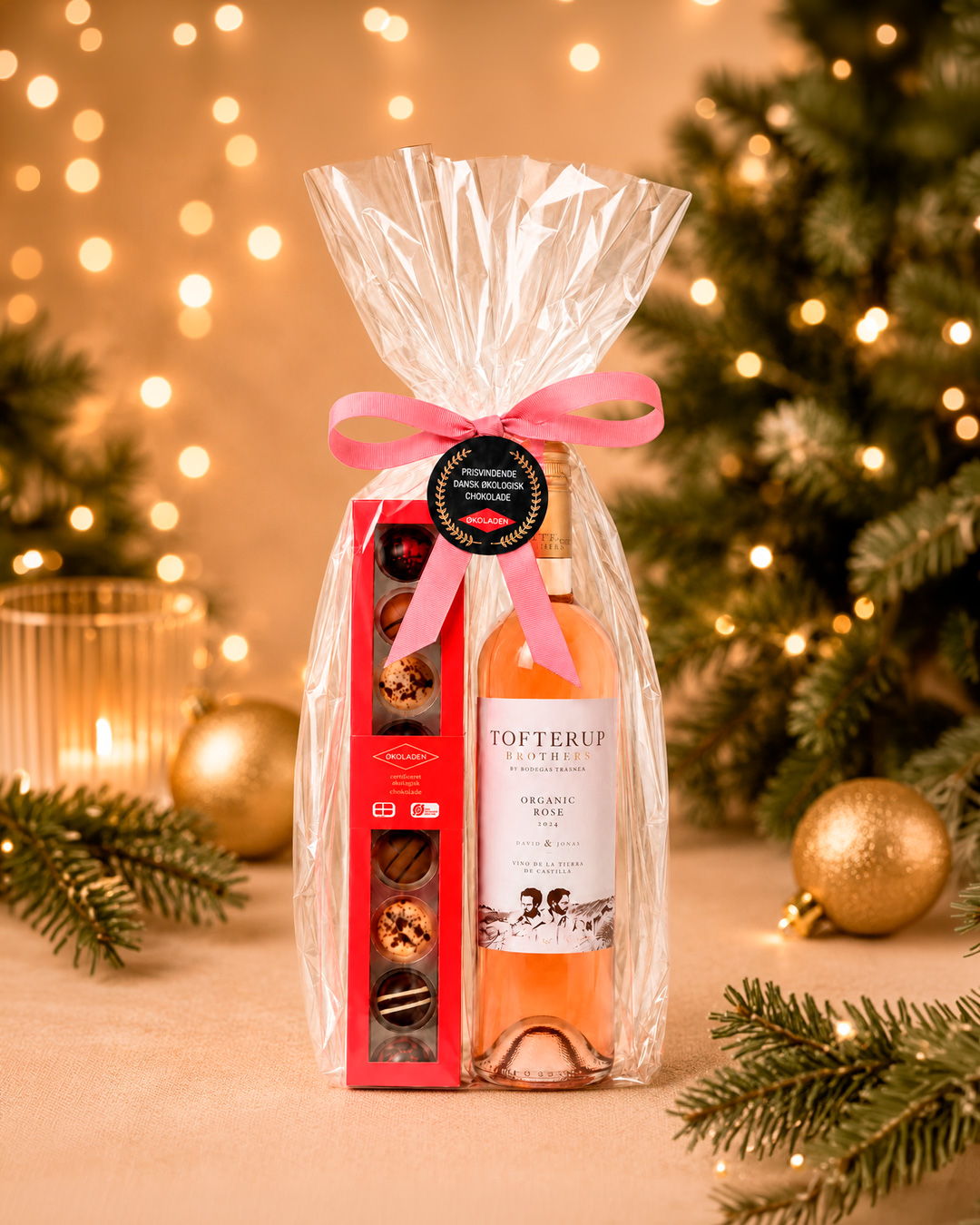 Økologisk julegave med rosévin og chokolade
