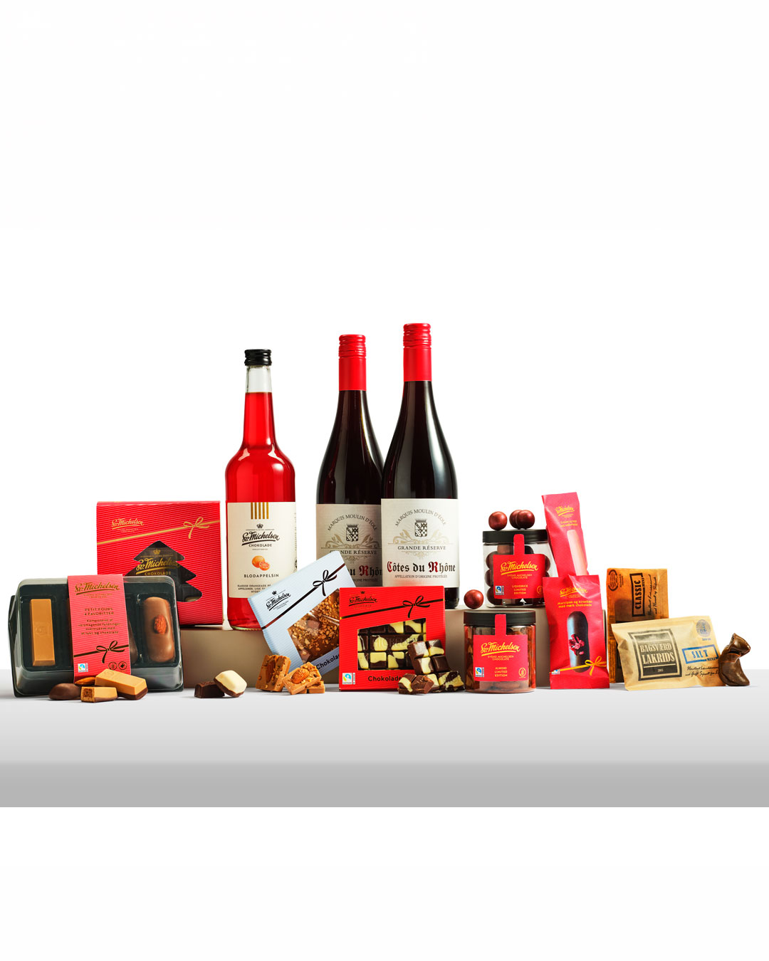 Indbydende juleudvalg med chokolade og vin