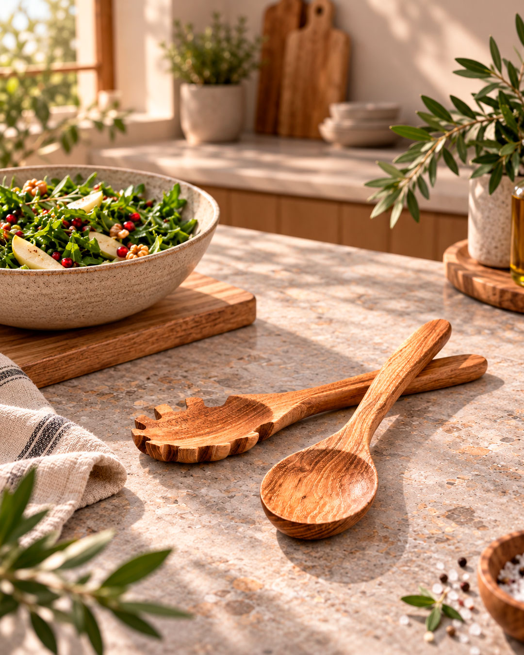 Salatbestik i teak med naturligt udtryk