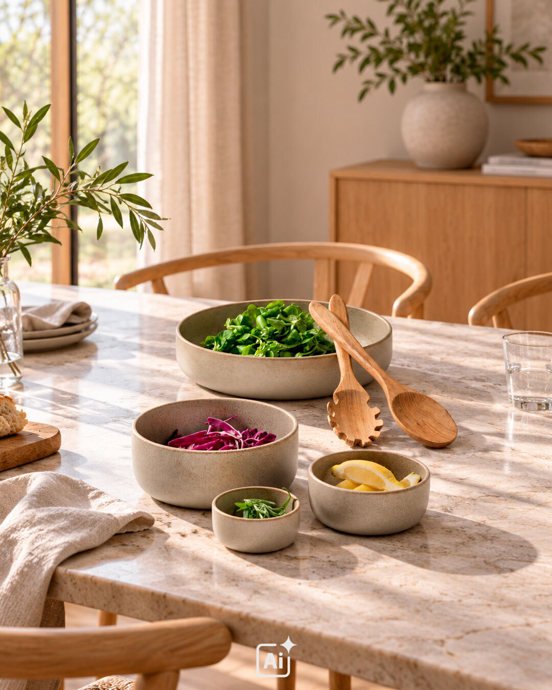 Serveringssæt med skåle og salatbestik i nordisk stil